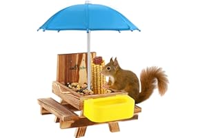 MIXXIDEA Wooden Squirrel Feeder Table with Water Bowl, Squirrel Picnic Table for Outside with Umbrella, Brown Squirrel Feeder with Corn Cob Holder Cute Chipmunk Feeder (Blue)