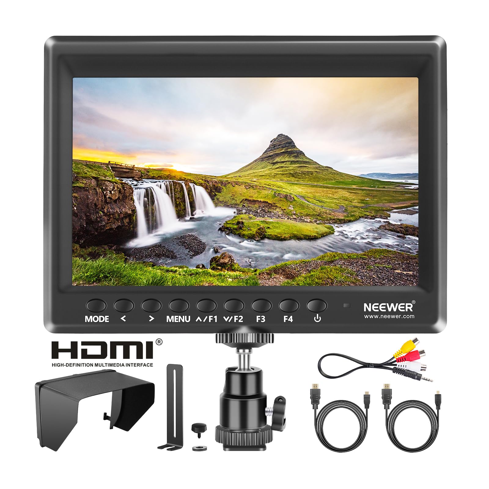Photo 1 of Neewer F100 7inch Camera Field Monitor HD Video Assist IPS 1280x800 HDMI Input 1080p with Sunshade and Ball Head for DSLR Cameras, Handheld Stabilizer, Film Video Making Rig (Battery Not Included)
