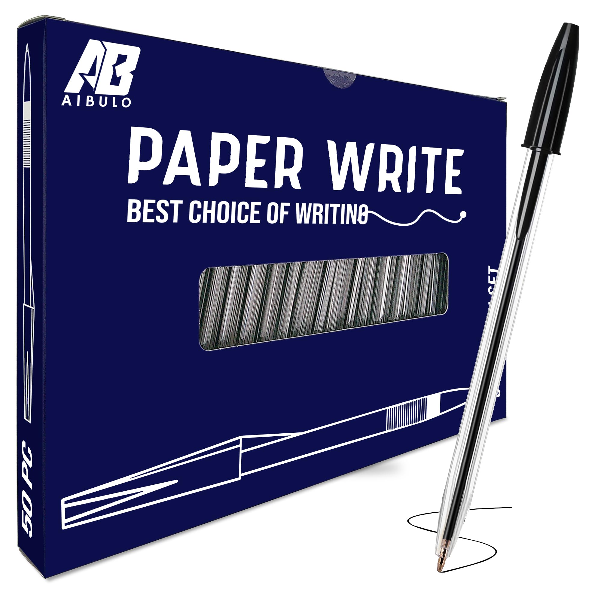 AIBULO Pack of 50 Black Biro Pens – Medium Point Ball Point Pens for Smooth Writing – Quick-Dry Black Ink & Comfortable Grip – Office Product & School Supplies Biros Multipack Black