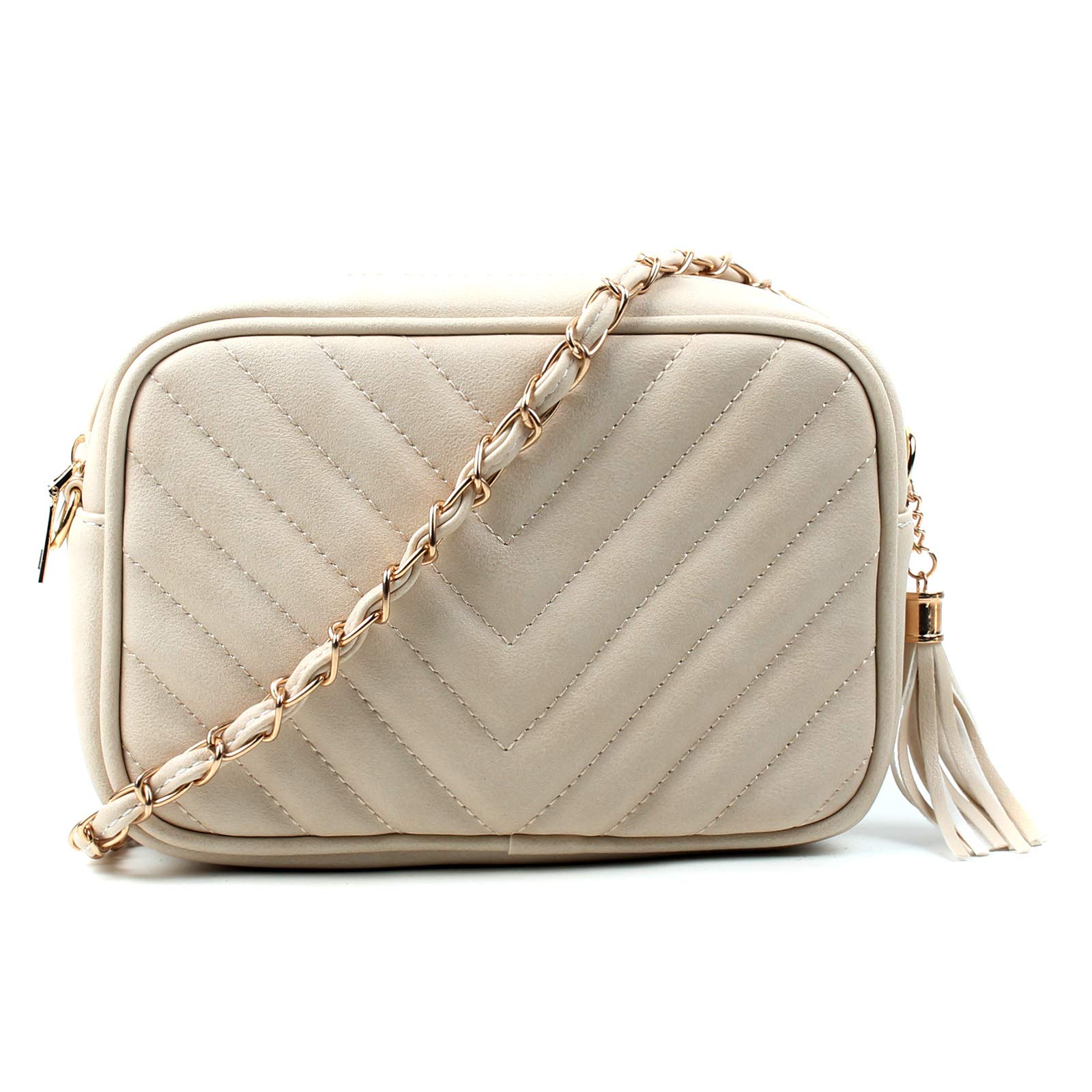 AOSSTA Women's Cross-Body Bag Designer Quilted Shoulder Bag for Women Handbag Tassel With Chain Strap (Beige, S)