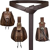 EpicCos 4 PCs Medieval O Ring Belt and Drawstring Pouch Set, Retro Faux Leather Belt Bag Dice Bag Portable Coin Purse For LARP (Brown A)