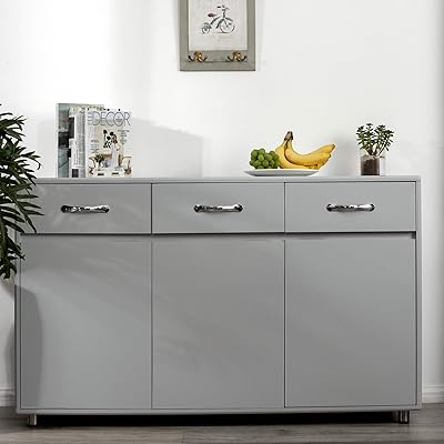 3 Doors and Drawers Neutral Grey Modern Storage Cabinet Sideboard