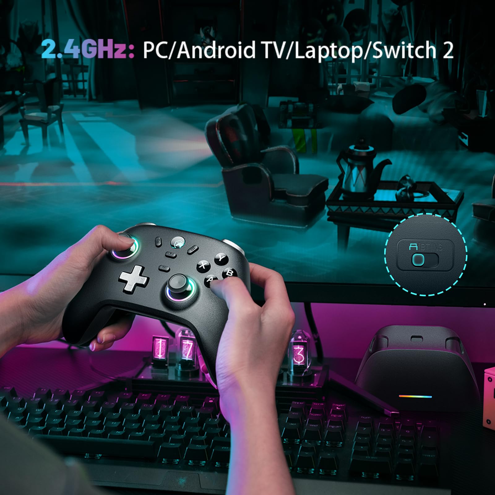 ECHTPower PC Wireless Controller, 1000Hz Gaming-Controller mit RGB/Hall-Joystick/Turbo/Vibration/800mAh Wiederaufladbare Batterie, Wireless-Controller für PC/Switch 2/Switch/Steam (Ladestation) 8