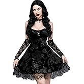 InGoticos Women Gothic Sexy Mini Lace Patchwork Cross Velvet Slip Goth Dress Without Choker for Halloween