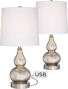 Castine Modern Accent Table Lamps Set of 2 with USB Charging Port Mercury Glass White Drum Shade for Living Room Bedroom - 360 Lighting
