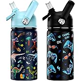ACESAK 14oz Kids Insulated Water Bottle with Straw Lid - 18/8 Stainless Steel Kid Cup Travel Tumbler Double Wall Vacuum Leak Proof Portable Toddler Water Bottle (Game + Dinosaur)