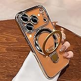 PIKULOA Case for iPhone 17 Pro Case with Magnetic Stand [Compatible with MagSafe] [Full Camera Lens Protector] Luxury Plating Shockproof Clear Phone Case for iPhone 17 Pro 6.3", Titanium Gold