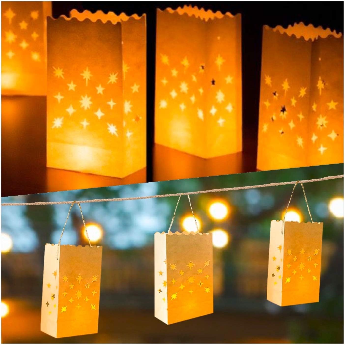 Dreamlight 30 White Luminary Bags/Hanging Lanterns Star