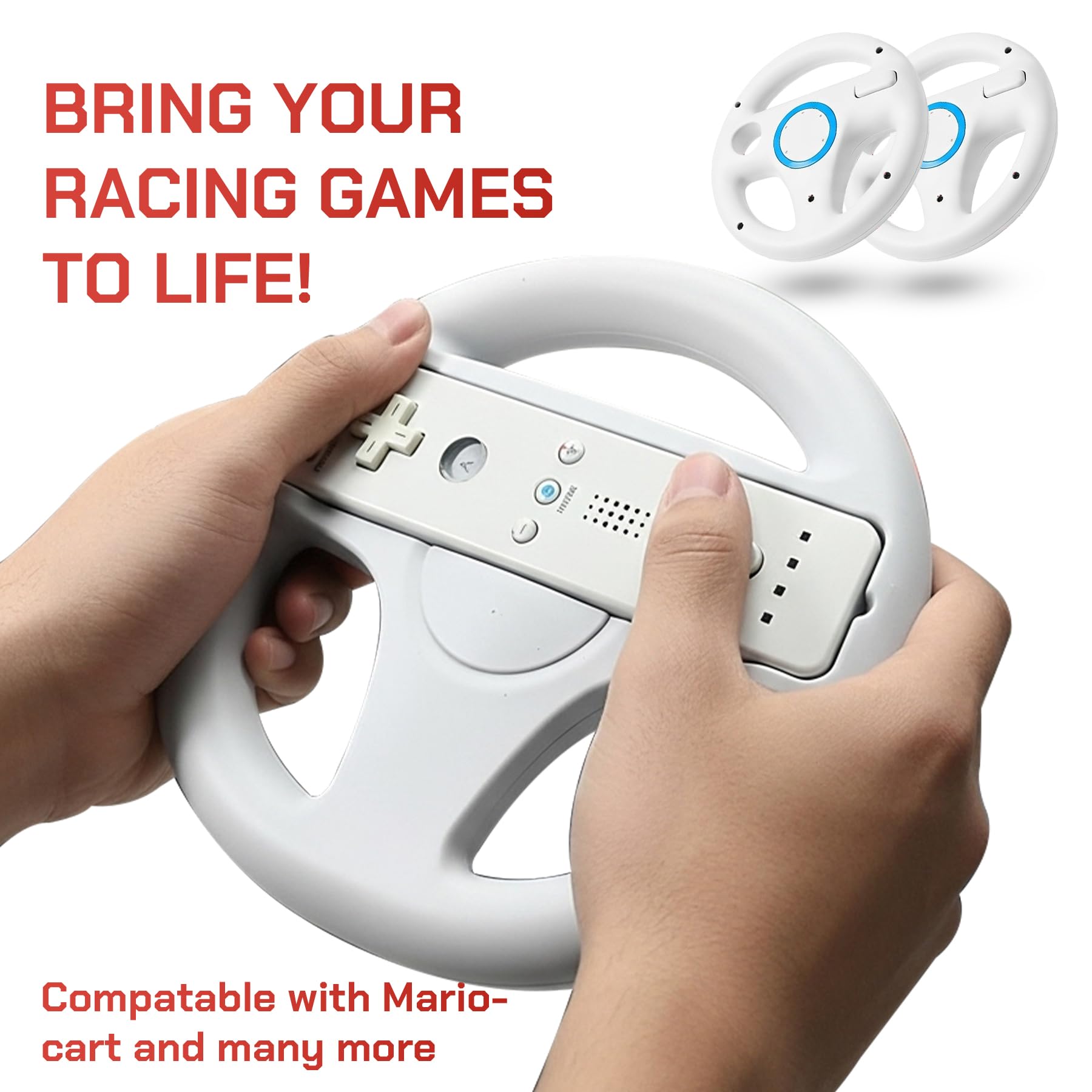 Old Skool Mario Kart Racing Wheel Compatible with Nintendo Wii and Wii U 2 Pack - White