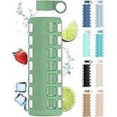 purifyou 40oz / 32oz / 22oz / 12oz Borosilicate Glass Water Bottle with Time & Volume Markers, Silicone Sleeve, Stainless Steel Lid | Reusable Glass Bottle for Water & Juice (32oz Shale Green)
