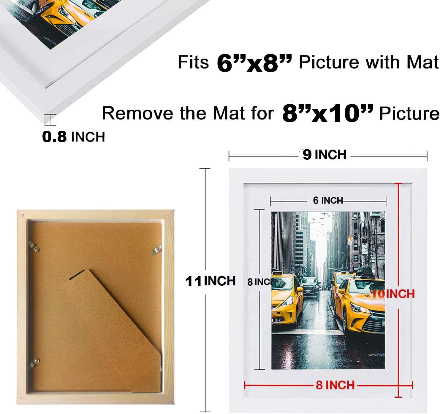 Picture Frames 8x10 Picture Frames Set of 4, Display Pictures 6x8 with Mat or 8x10 Without Mat, Solid Wood Photo Frames for Wall or Tabletop Display, White -