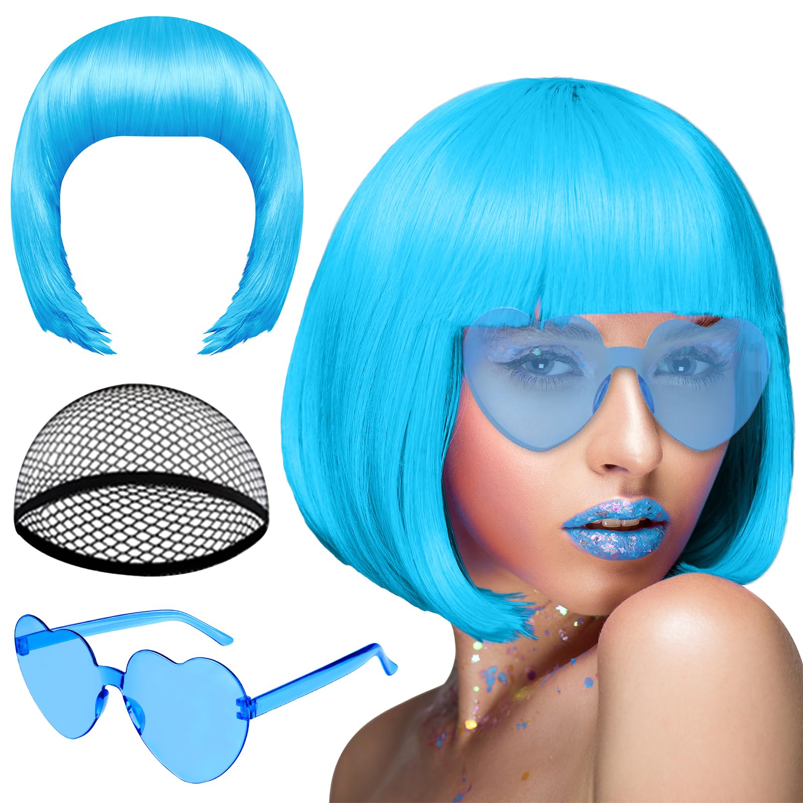 Photo 1 of PLULON Sky Blue Bob Wig and Sunglass Set, Neon Short Bob Wig Sunglass Pack Costume Colorful Cosplay Wig Hairpieces for Bachelorette Neon Party Favors, Halloween Decorations