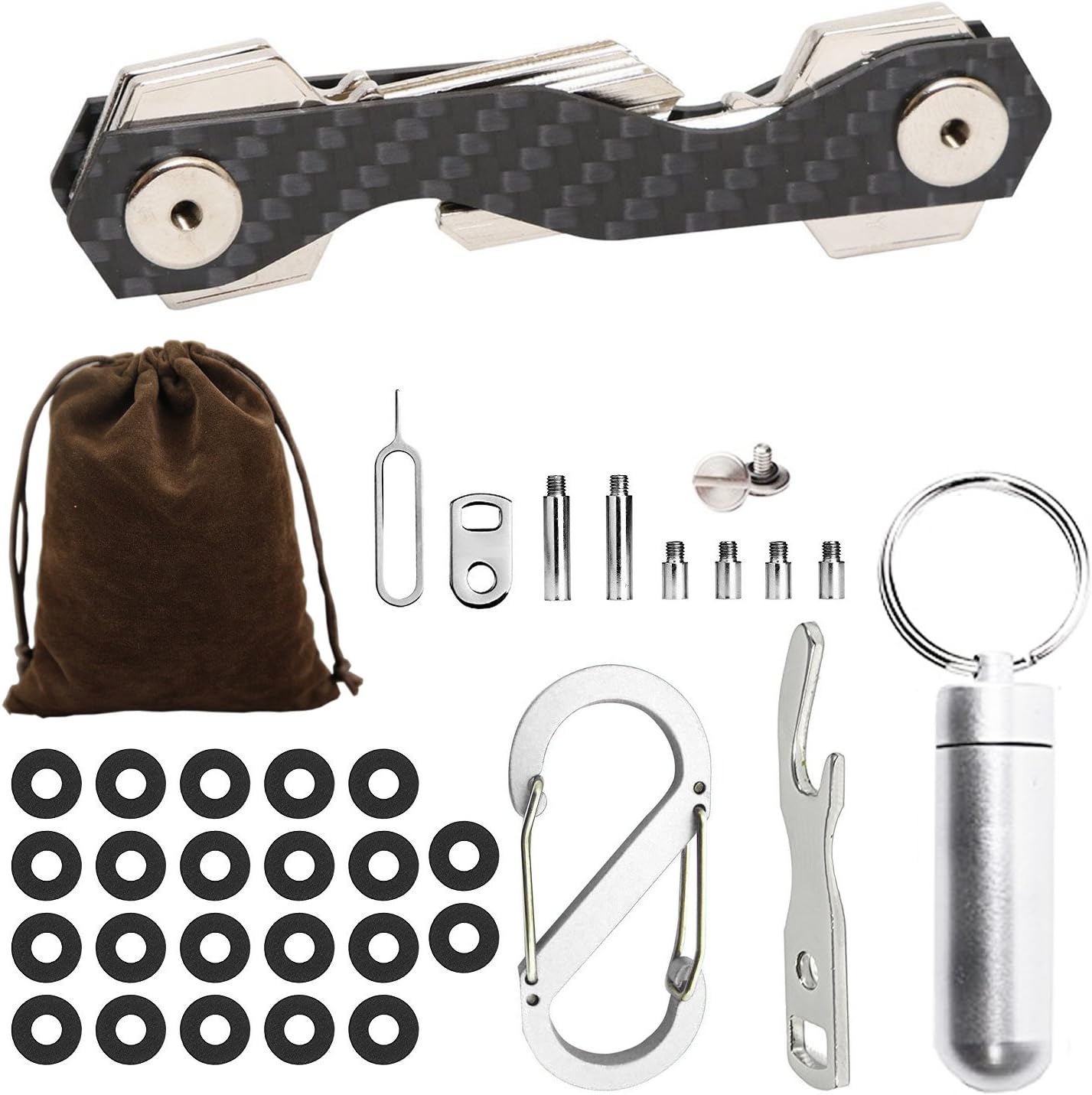 Cettkowns Smart Compact Key Holder - Carbon Fiber Keychain Organizer up to 24 Keys with Multifunctions & Expansion Kit