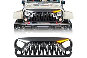 Allinoneparts Front Grill Compatible with 2007-2018 Jeep Wrangler JK JKU, Shark Grille w/DRL Turn Signal Lights, Matte Black