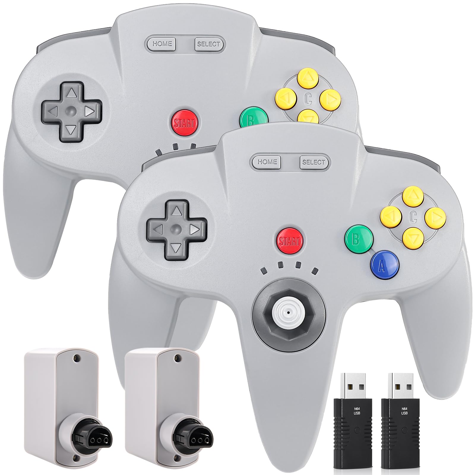 2 Pack Wireless N64 Switch Online Controller, with 2.4 GHz USB & N64 Receivers, Compatible with Windows PC macOS, N64 Console / Switch / NSO - (Rechargeable) (Plug and Play) (Built-in Rumble) (Grey)
