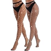 VEBZIN 2 Pack Sparkly Large And Medium Mesh Fishnet Tights For Women Glitter Rhinestone Fishnets Stockings