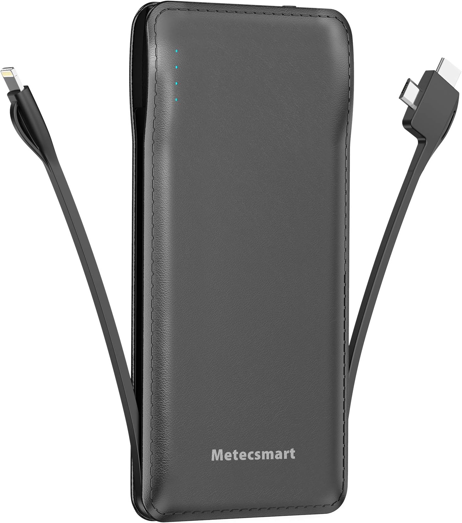 Power Bank with Built in Cable, Metecsmart 10000mah Portable Charger Type C USB C Cell Phone Thin Slim Lightweight Travel Tiny 5V Backup Battery Pack for iPhone 11 X XS XR Samsung Android iPad Pixel