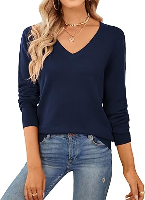QUALFORT Damen Pullover 100% Baumwolle Leichter Langärmeliger Basic Strickpullover