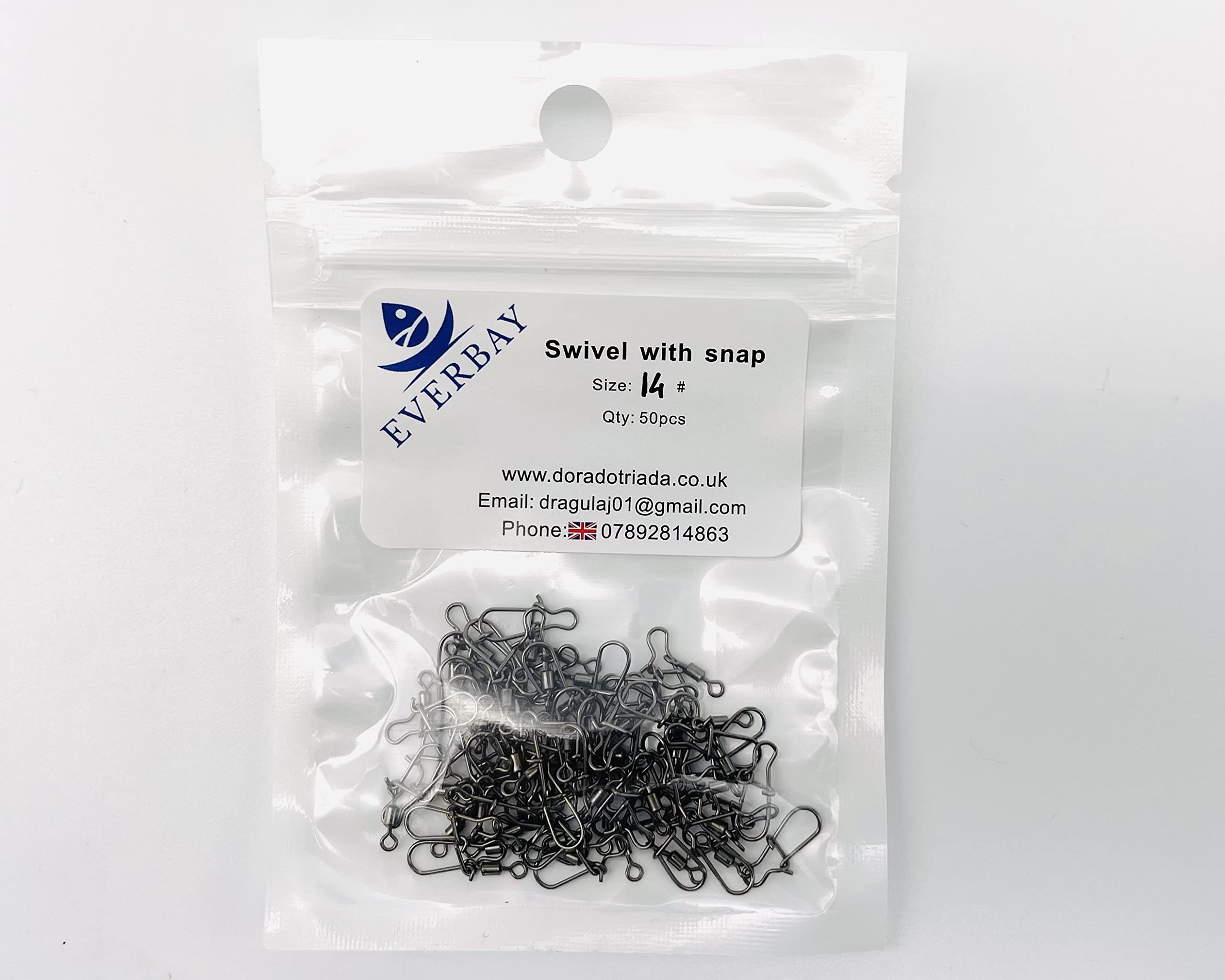 EVERBAY Stainless Steel Rolling Fishing Swivels with Snap Swivel Fishing Line Connectors Hight Strength for Saltwater & Freshwater Fishing accessories - set/50pcs, size 14#