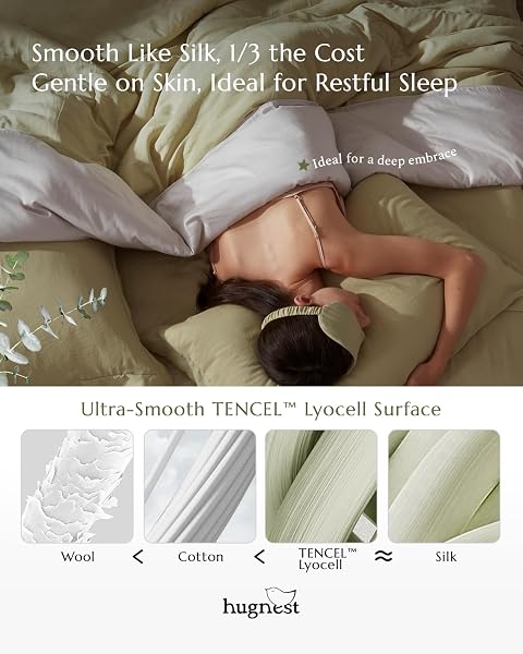 HUGNEST COMFORTER SET QUEEN SIZE SAGE GREEN – LUXURY SOFT TENCEL COTTON BED SET, BREATHABLE LIGHTWEIGHT COMFORTERS FOR ALL SEASONS, 3 PIECES, 1 COMFORTER (90″X90″) AND 2 PILLOW CASES (20″X30″)
