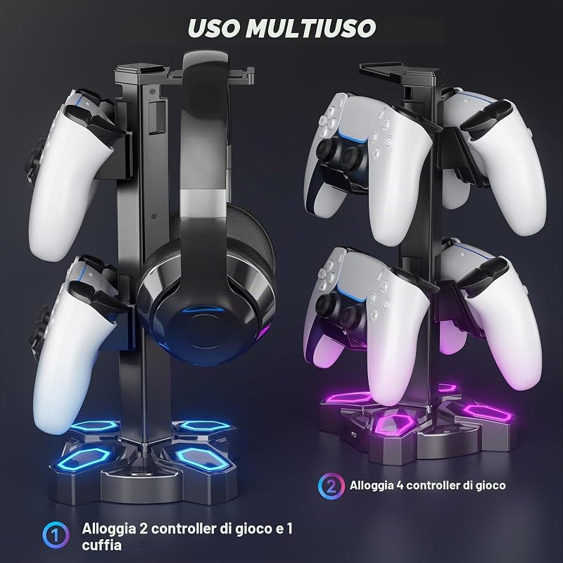 Porta Cuffie da Scrivania, Supporto cuffie Ruotabile con 9 Modalità di Illuminazione - Porta Controller con 2 porte di Ricarica USB e Porta da 3,5 mm e di tipo per Gaming Accessori