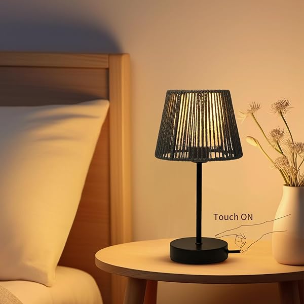 TOUCH BOHO LAMP DIMMABLE, 3-WAY BEDSIDE TABLE LAMP 14.2″, ROPE LIGHT FOR BEDROOM NIGHTSTAND FARMHOUSE, BULB INCLUDED, 2 PACKS (BLACK)