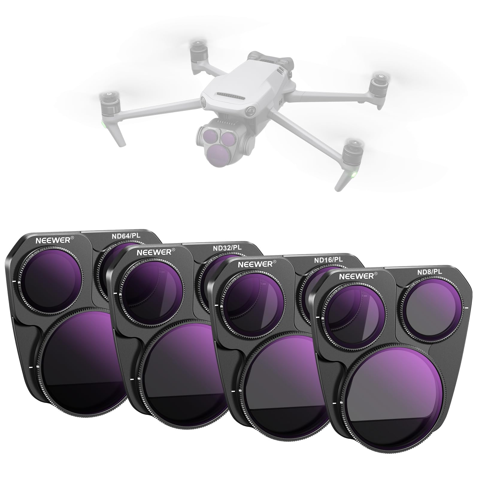 NEEWER Mavic 3 Pro ND/PL Filter Set Compatible with DJI Mavic 3 Pro/Pro Cine, 4 Pack Plug ND8/PL ND16/PL ND32/PL ND64/PL Polarising Filter Grey Filter Set with Multi-Coated Optical HD Glass