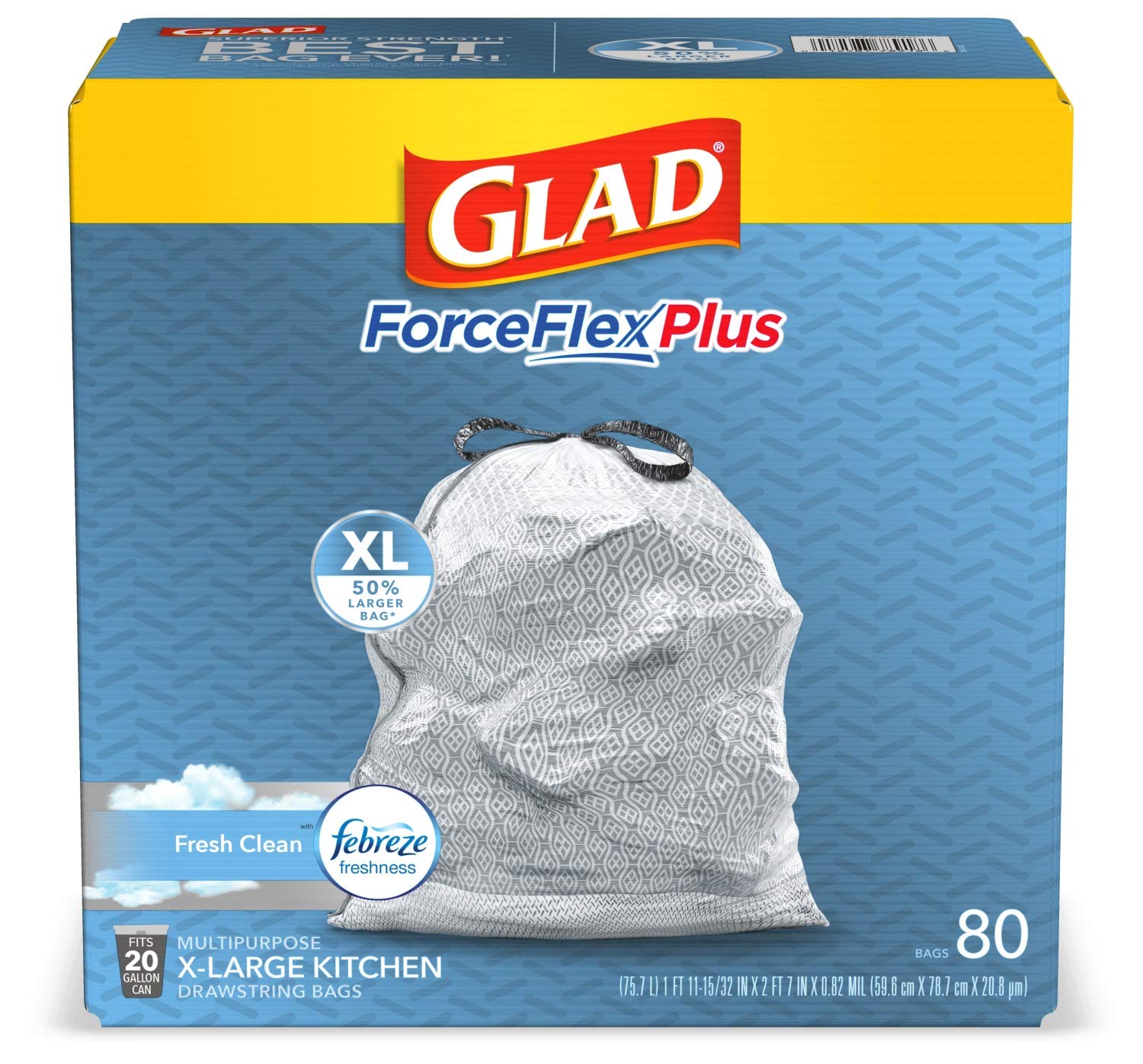 Photo 1 of Glad Trash Bags, Force Flex Kitchen Pro Drawstring Garbage Bags, Fresh Clean, 80 Count