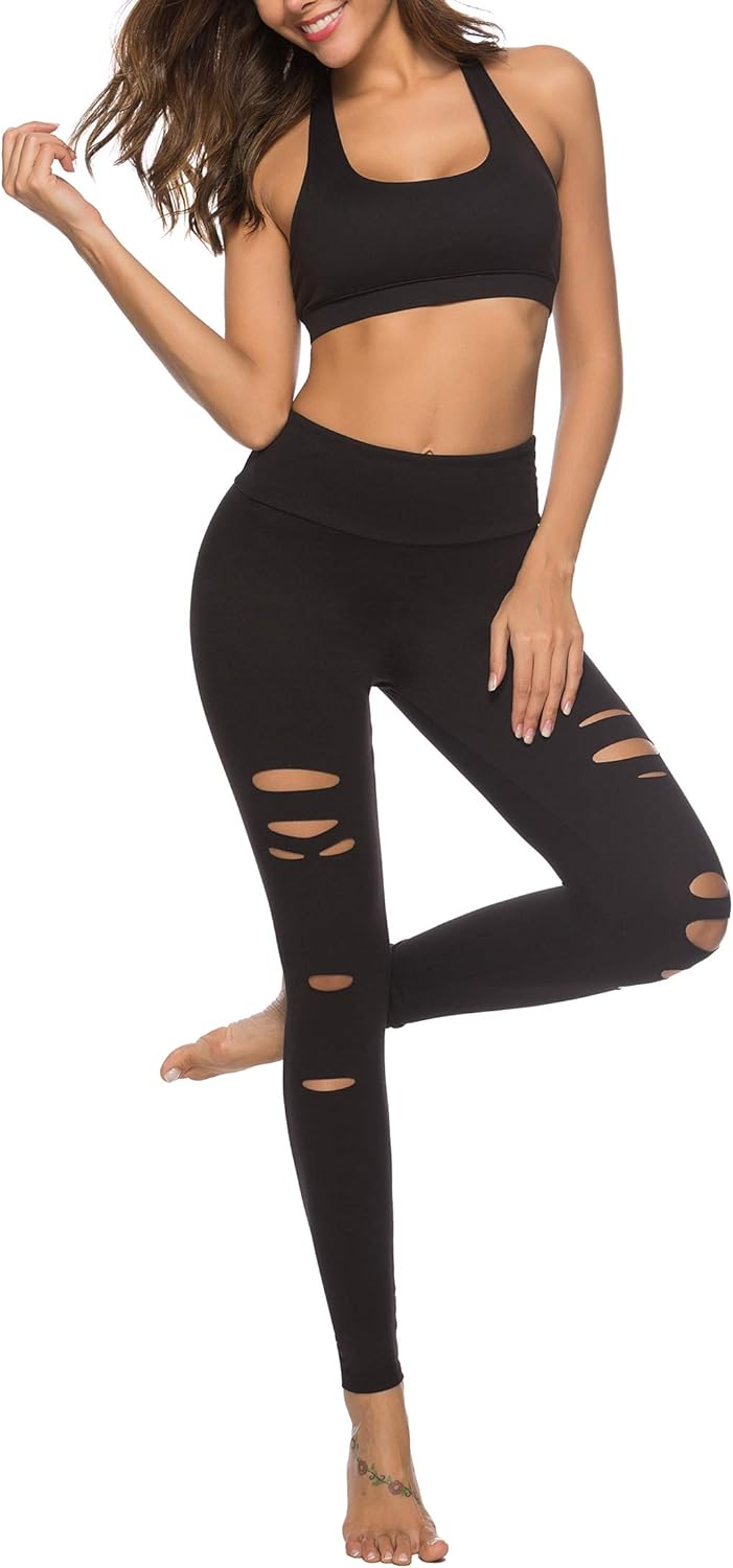 DIBAOLONG Womens High Waist Yoga Pants Cutout Ripped Tummy Control Workout Running Yoga Skinny Leggings: Clothing