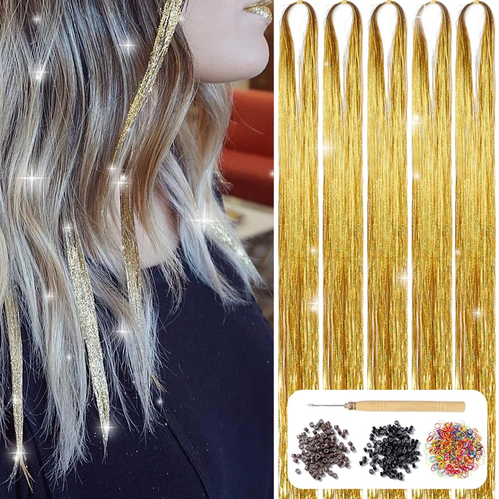 Photo 1 of AIFIHIYI Hair Tinsel Kit with Tools 48 Inch 1200 Strands Gold Tinsel Hair Extensions Fairy Hair Tinsel Kit Heat Resistant Glitter Hair Extensions Tensile Hair Accessories for Girls Women (Gold)