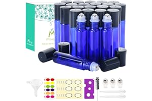 Mavogel 24,10ml Essential Oils Roller Bottles - Cobalt Blue, Glass with Stainless Steel Roller Balls (3 Extra Roller Balls, 54 Pieces Labels, Opener, Funnel, Dropper, Brush Included)