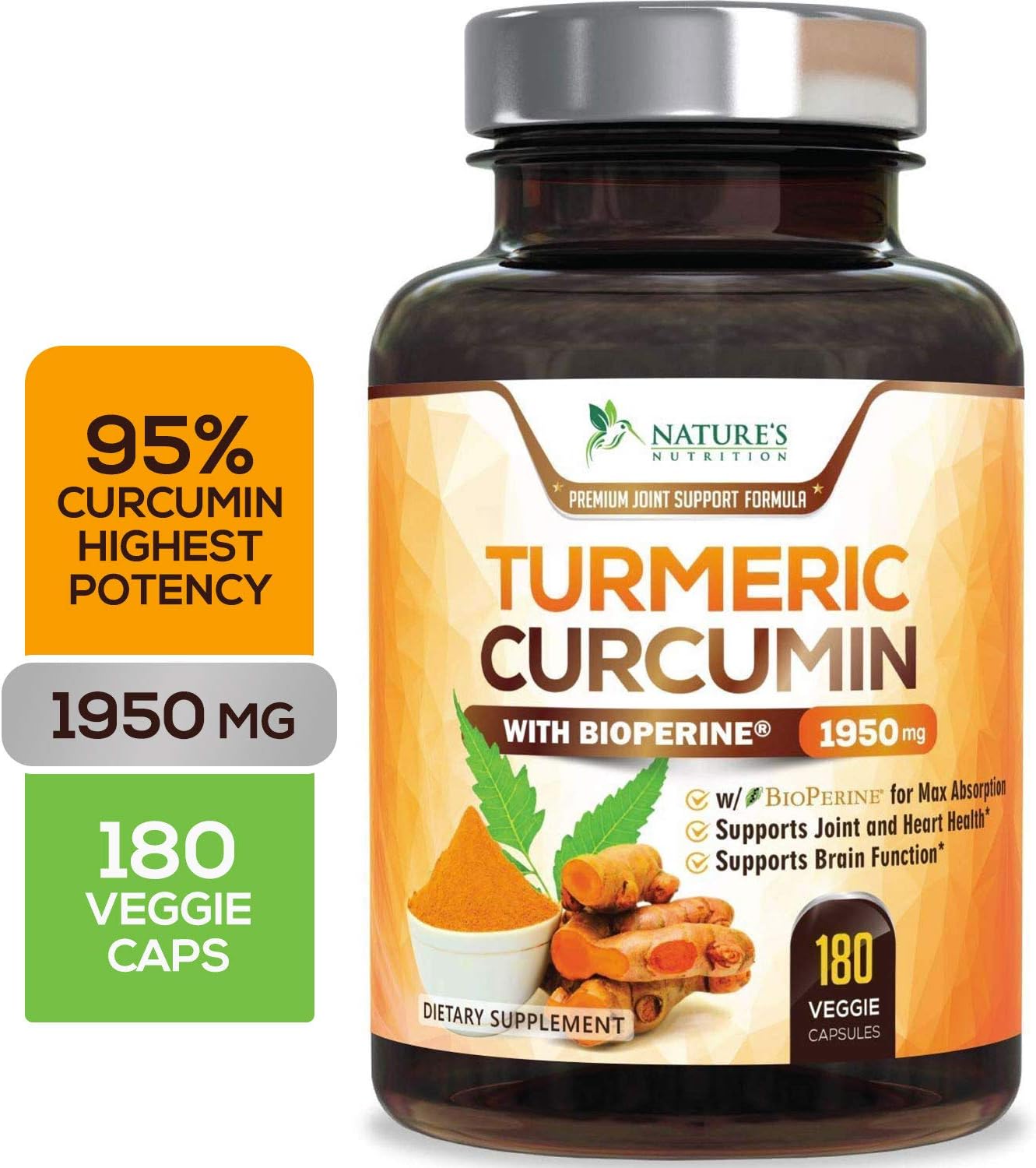 Turmeric Curcumin with BioPerine 95% Curcuminoids 1950mg with Black Pepper for Best Absorption, Made in USA, Most Powerful Joint Support, Turmeric Supplement Pills by Natures Nutrition - 180 Capsules: Health & Personal Care