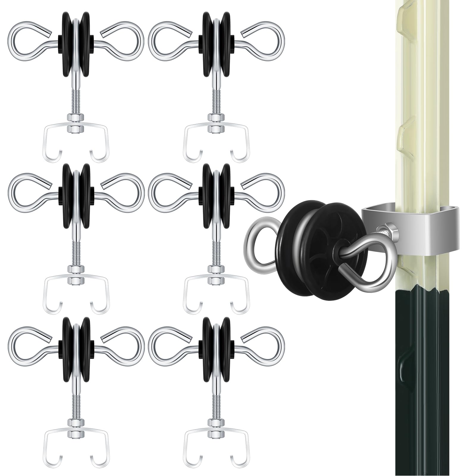 Photo 1 of Gisafai 6 Pcs Electric Fence Gate Handles T Post Gate Handle Anchors Double Hook 2 Rings Steel Insulators with Easy Screws for Wire Electric Fence Wood Post Agricultural and Ranchers, Black