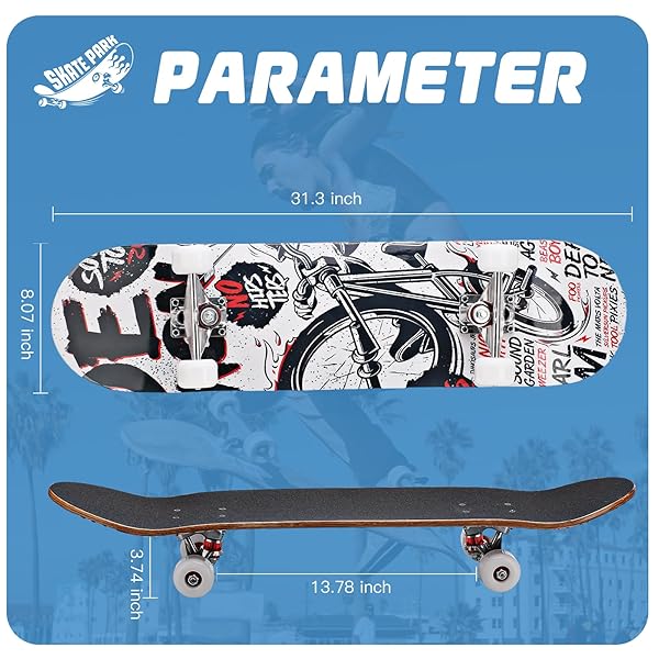 PROFESSIONAL DOUBLE KICK SKATEBOARD, 31 INCH MAPLE DECK, ABEC-9 BEARINGS, 95A PU WHEELS, CUSTOM GRAPHIC DESIGN (BICYCLE, 31IN)