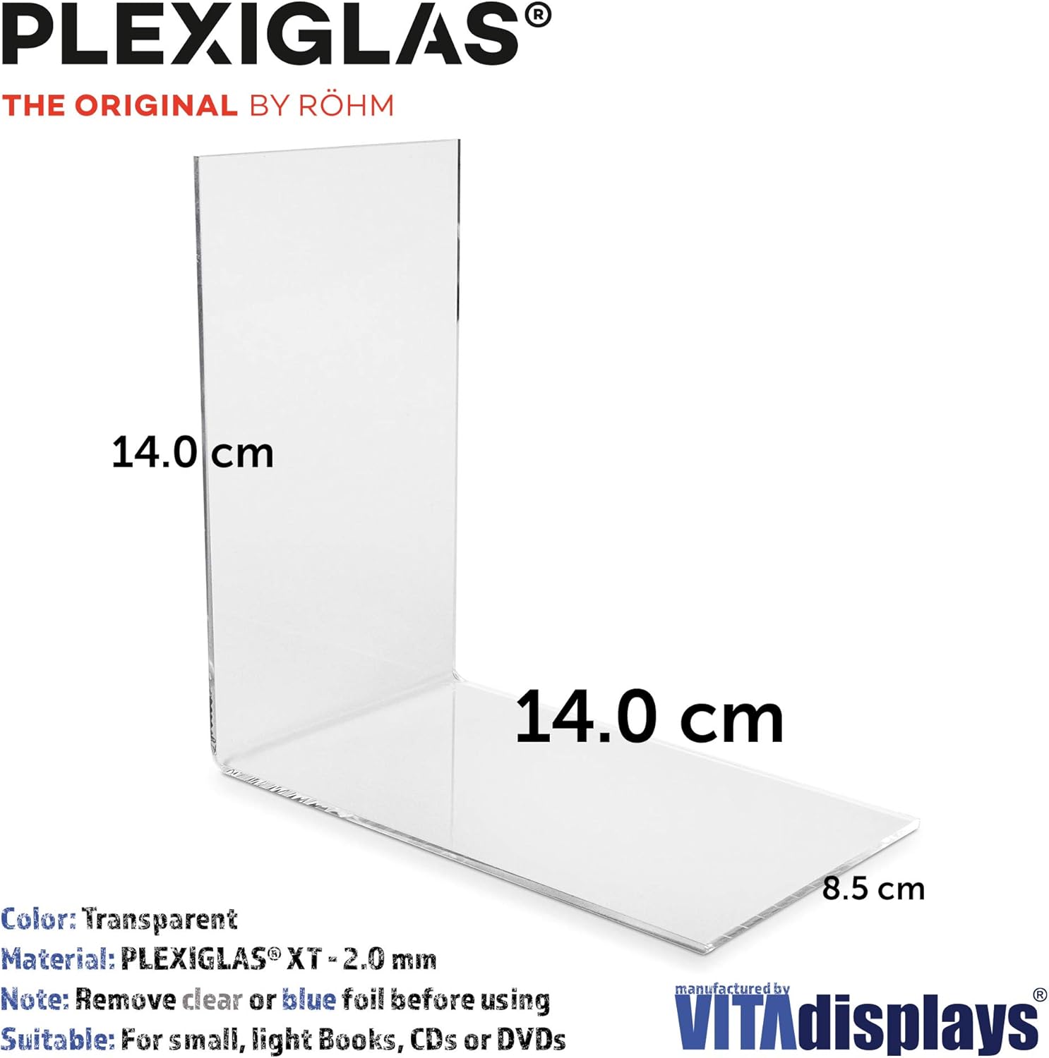 Plexiglas® Pack of 10 Bookends Eco (7.0 to 8.5 x 14.0 x 14.0 cm) for Small Books/Paperback CDs Made of Original Plexiglas® - Image 3