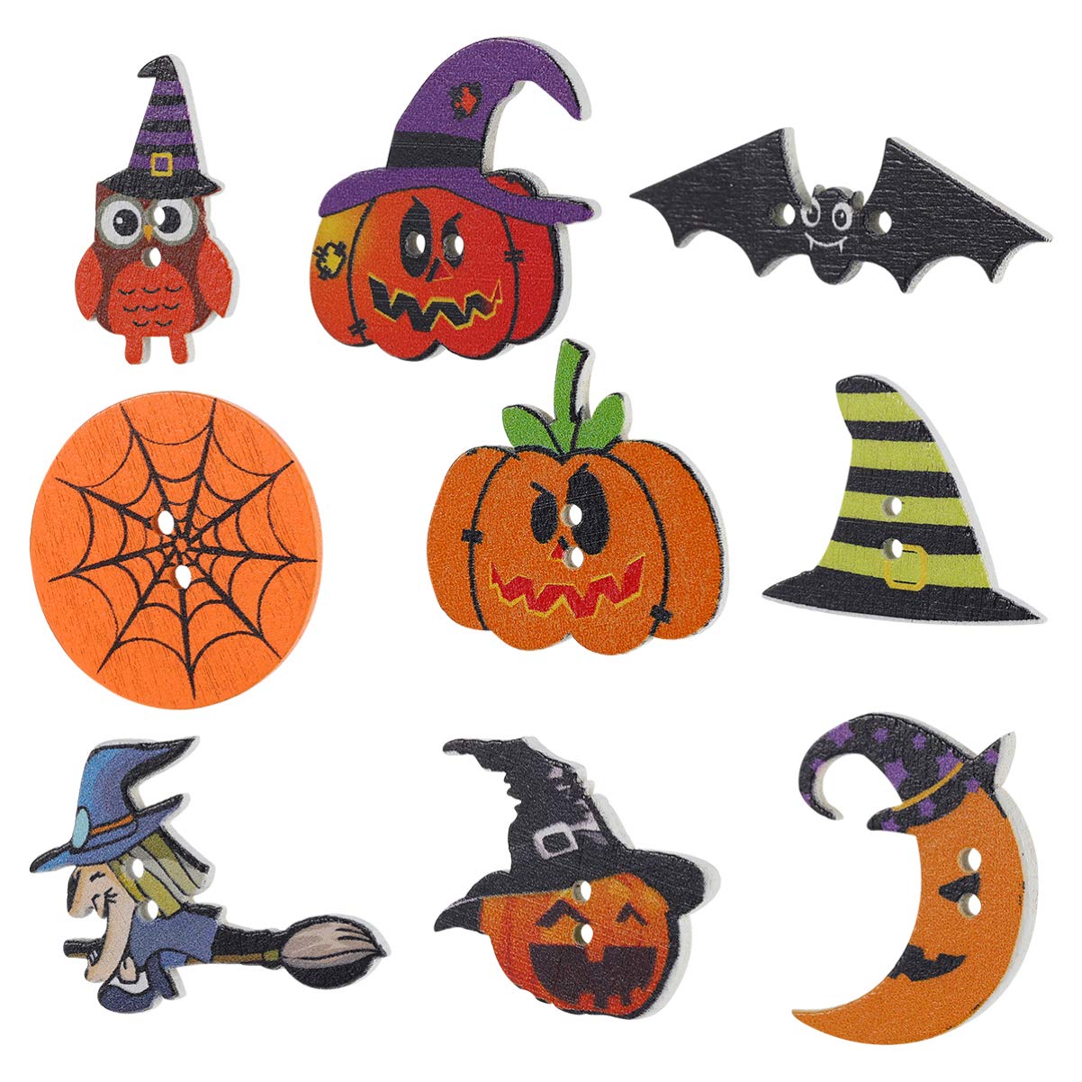 Milisten 50Pcs Painted Wooden Halloween Buttons 15Mm Pumpkin Bat Spider Web Witch Moon Decorative Sewing Buttons for Crafting DIY Scrapbooking