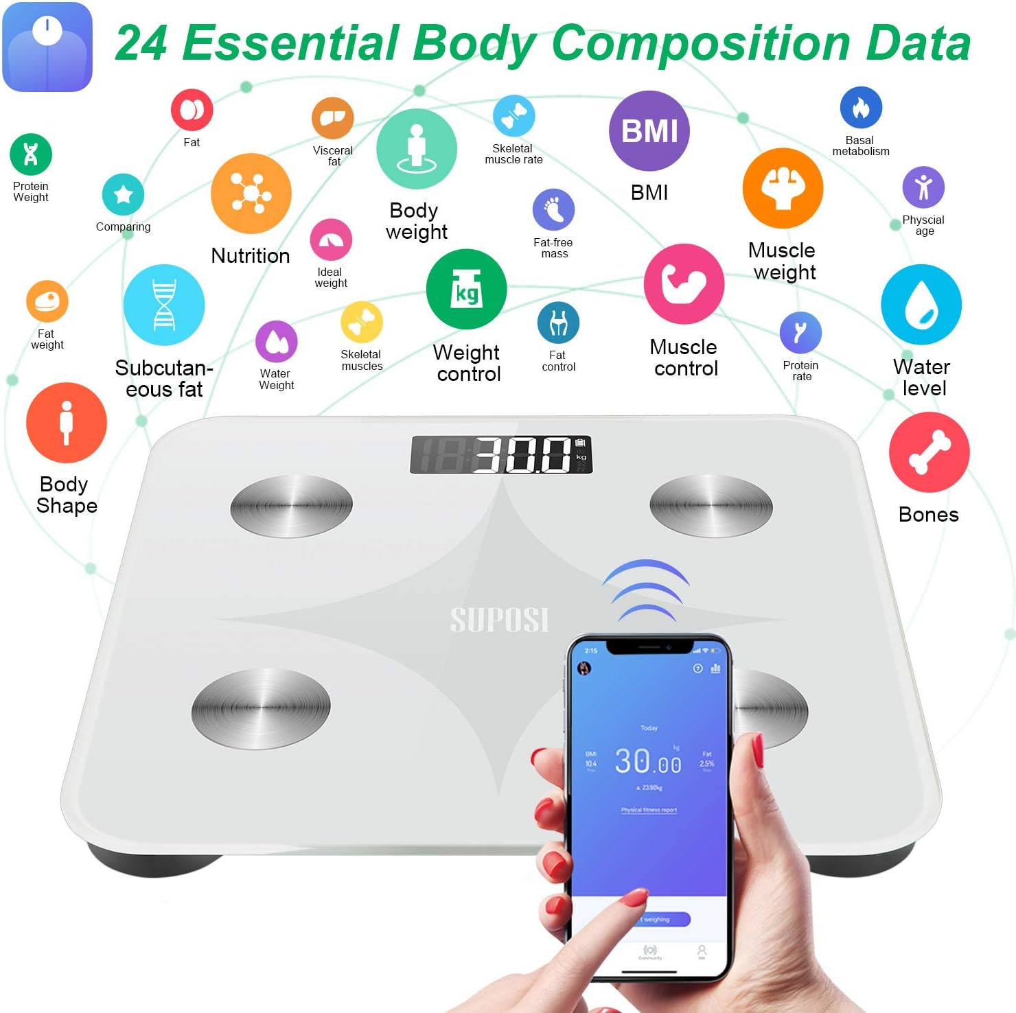 SUPOSI Smart Digital Body Fat Scale, Wireless BMI Bathroom Weight Scale for Body Weight, 24 Body Composition Analyzer Health Monitor Bluetooth Body Weight Scale with Smart Phone App, 396 lbs, White: Health & Personal Care