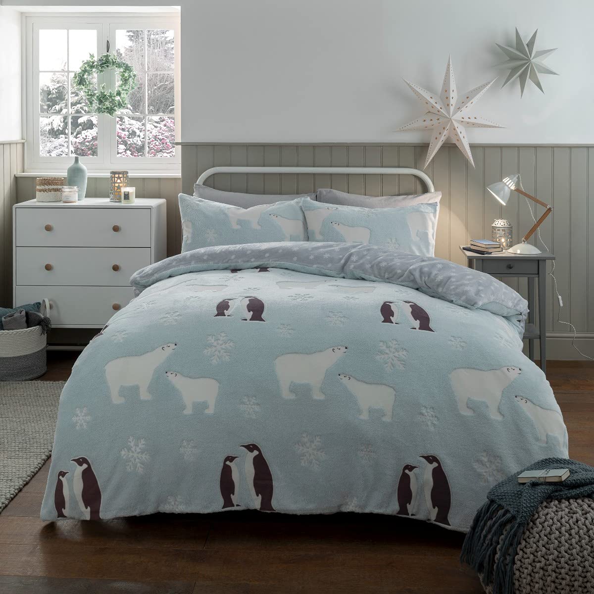 Sleepdown Penguin & Polar Bear Glow In The Dark Duck Egg Reversible Grey Fleece Thermal Warm Cosy Super Soft Duvet Cover Quilt Bedding Set with Pillow Cases - Double (200cm x 200cm)