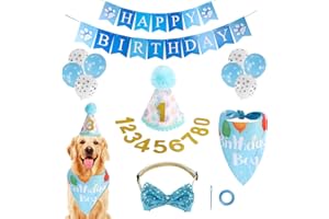 NEEDBROCK Dog Birthday Party Supplies - Dog Birthday Hat Bowtie Set Party Pack, Dog Birthday Bandana Banner Balloon Decorations for Medium Large Dogs (Blue)