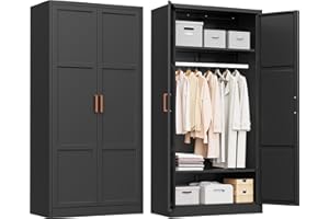 INTERGREAT Metal Wardrobe Cabinet with Hanging Rod, 72" H Metal Clothing Storage Cabinets with Adjustable Shelves and 2 Doors, Black Armoire Wardrobe Closet for Bedroom, Laundry Room, Cloak Room