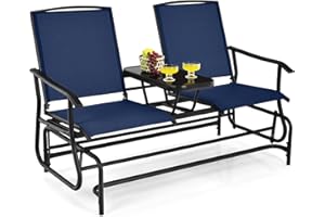 Tangkula 2 Person Swing Glider Chair, Patio Rocking Loveseat w/Center Tempered Glass Table, Outdoor Swing Bench w/Steel Frame