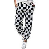 Sunloudy Womens Checkered Jogger Pant Elastic Waisted Color Block Gingham Loose Fitted Lounge Trouser Streetwear