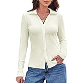 BAISHENGGT Womens Soft Ribbed Knit Polo Shirts Collared V-Neck Button Fastening Long Sleeve Going Out Tops