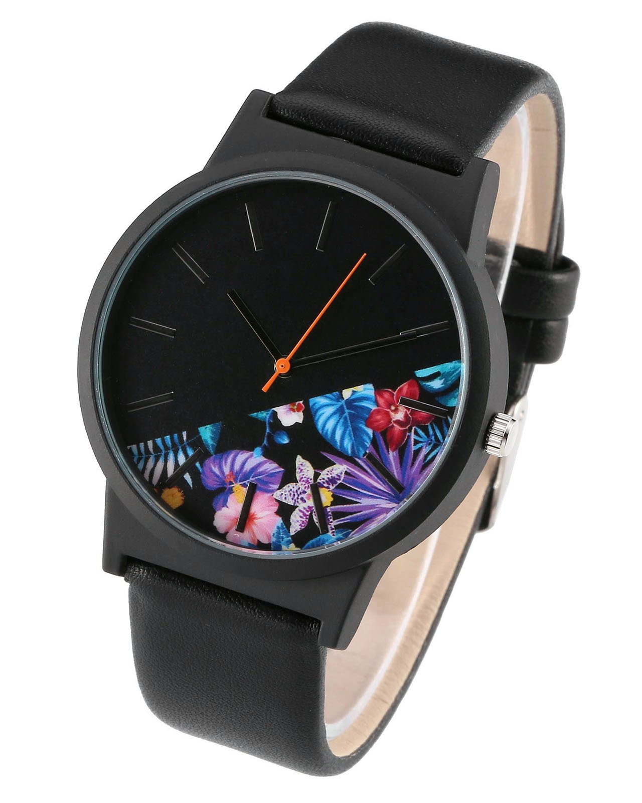 JSDDE Uhren,Vintage Klassische Blumen Armbanduhr Basel-Stil Damen Uhr PU Lederband Analog Quarzuhr,Schwarz