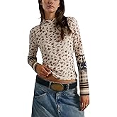 calbatic Women Waffle Knit Floral Cuffs Long Sleeve T Shirt Flower Print Crew Neck Loose Fit Top Casual Fall Tee Top