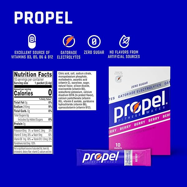 PROPEL ELECTROLYTE ENHANCED WATER DRINK MIX POWDER PACKETS, BERRY, ZERO CALORIE & ZERO SUGAR HYDRATION WITH ELECTROLYTES AND VITAMINS C & E (10 PACKETS)