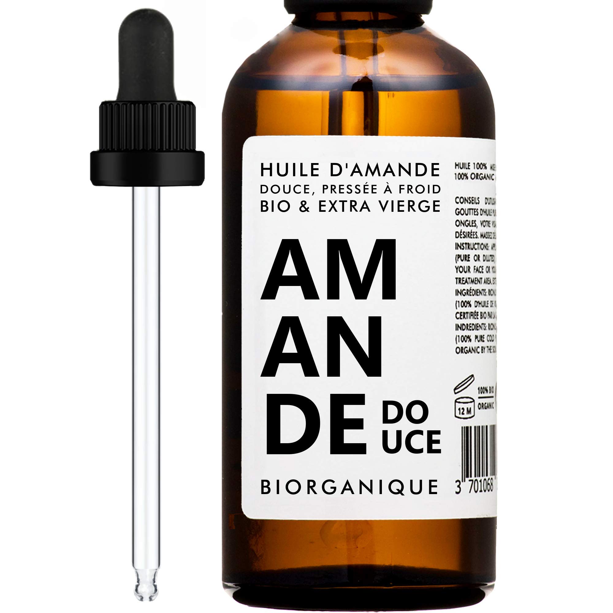 Organic Sweet Almond Oil - 100ml - Premium Oil for Hair, Skin, Beard & Massage - 100% Pure and Organic - Made in France …
