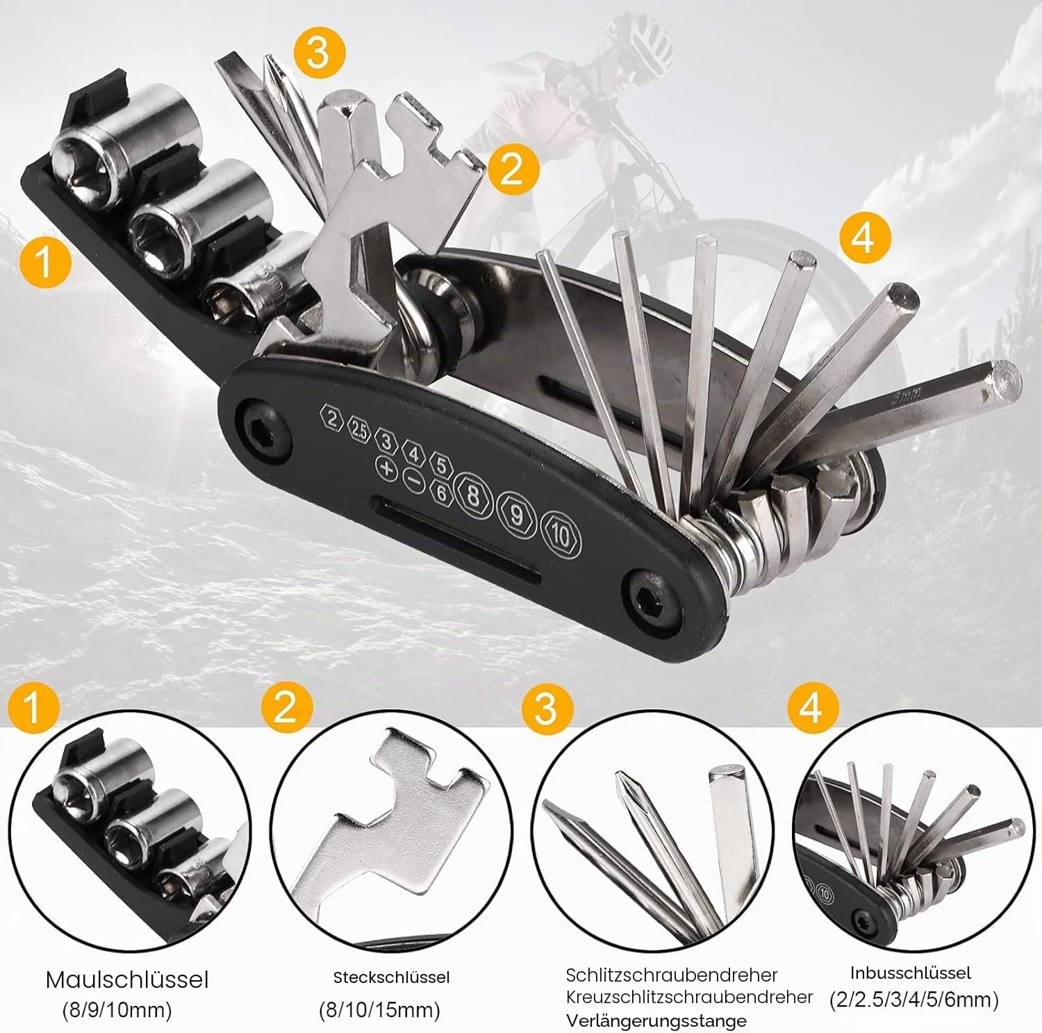Fahrrad Satteltasche Reparatur Set und Werkzeuge - Unterwegs Fahhradtasche und Notfallwerkzeug Flickzeug mit 16-in-1 Fahrrad Multitools, Fahrradpumpe, Reifenheber, Leimfreie Reifen,Fahrradventil 4