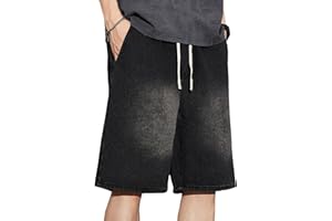 SOMTHRON Men's Casual Denim Shorts Straight Wide Leg Drawstring Elastic Waist Loose Fit Below Knee Jean Shorts