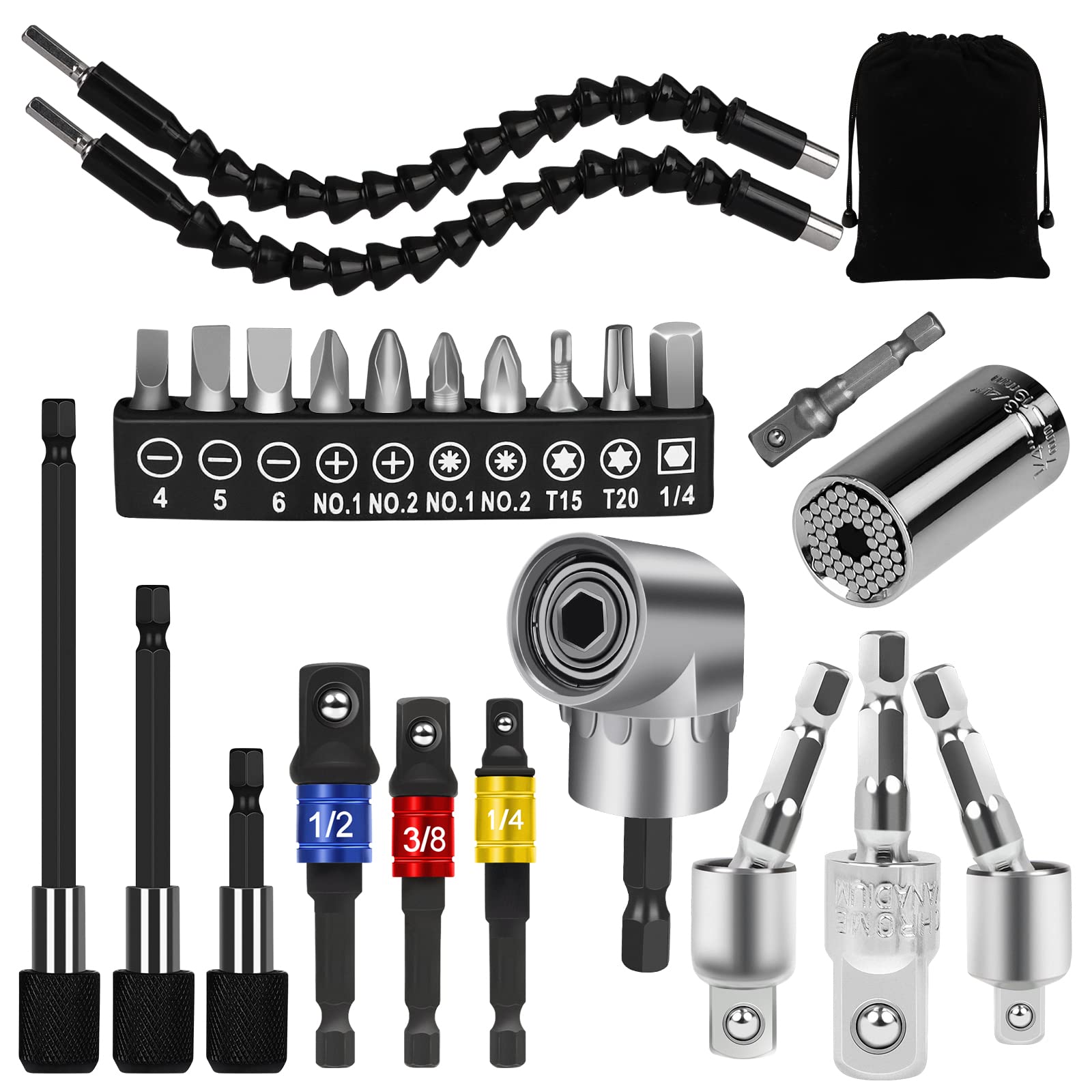 Photo 1 of ***INCOMPLETE***FAWAIKTU 24pcs Flexible Drill Bit Extension Set, Hex Shank 105° Right Angle Attachmen, Rotatable Joint Socket 1/4 3/8 1/2 In Adapter Bendable Drill-Bit-Extension Screwdriver Kit (Black)